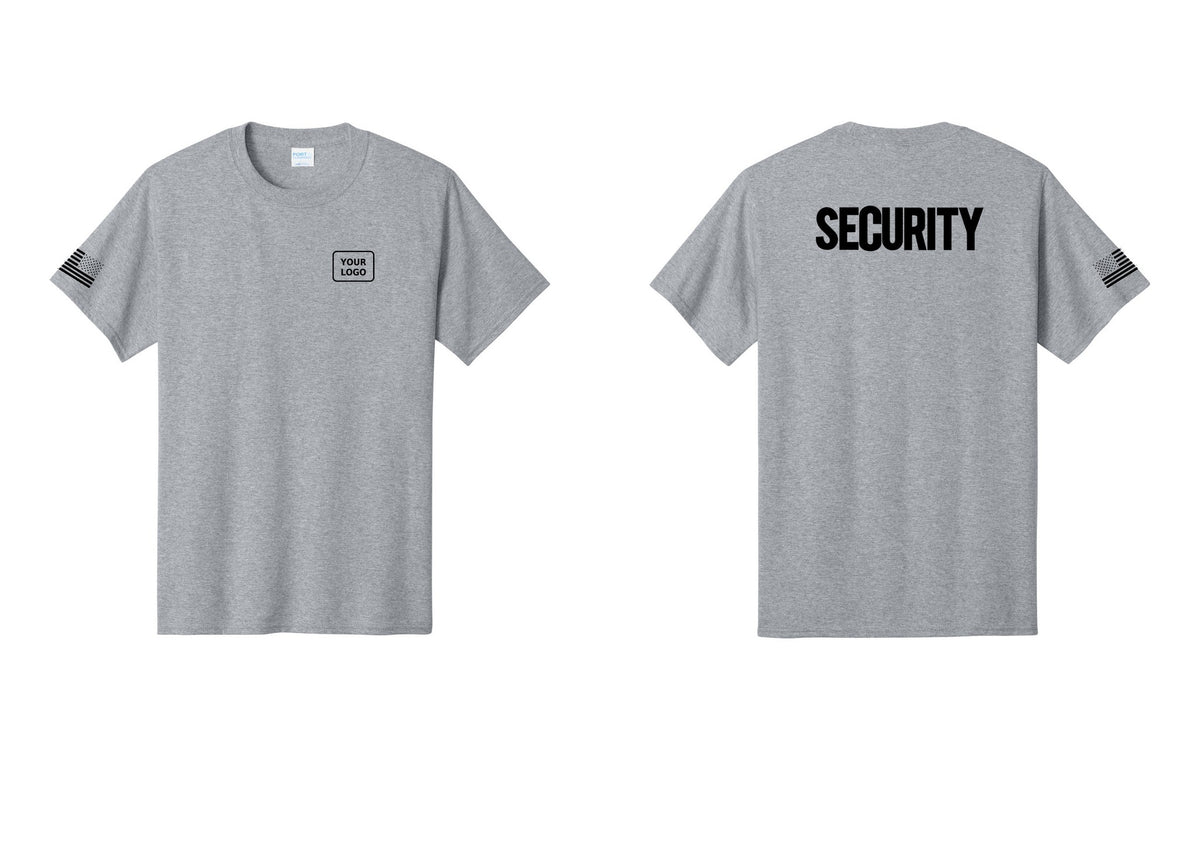 NYC Factory Custom Logo Men's Security Cotton T-Shirt - Your Logo + Back + US Flag Sleeve - Athletic Heather