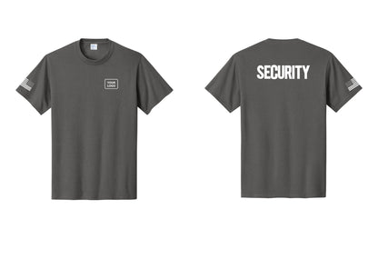 NYC Factory Custom Logo Men's Security Cotton T-Shirt - Your Logo + Back + US Flag Sleeve - Charcoal