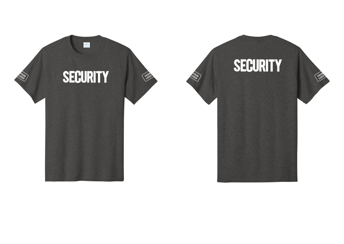 NYC Factory Custom Logo Men's Security Cotton T-Shirt - Front + Back + Your Logo Sleeves - Dark Heather Grey