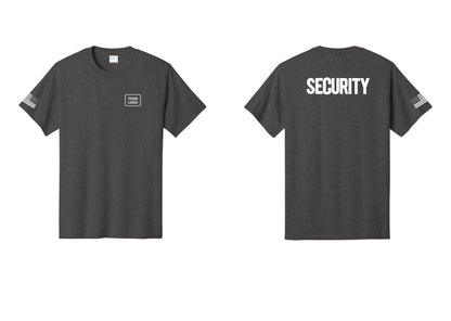 NYC Factory Custom Logo Men's Security Cotton T-Shirt - Your Logo + Back + US Flag Sleeve - Dark Heather Grey
