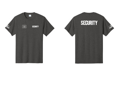 NYC Factory Custom Logo Men's Security Cotton T-Shirt - SECURITY + Your Logo + Back + US Flag Sleeve - Dark Heather Grey