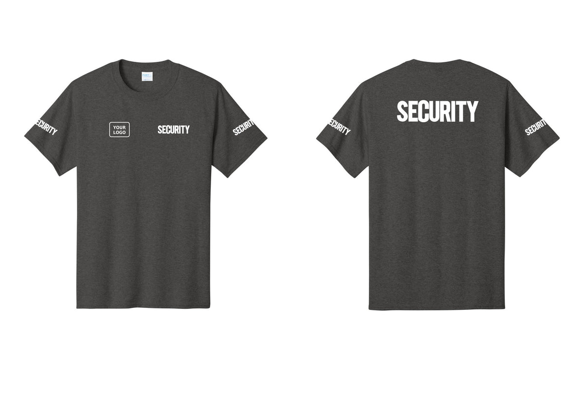 NYC Factory Custom Logo Men's Security Cotton T-Shirt - SECURITY + Your Logo + Back + Security Sleeves - Dark Heather Grey