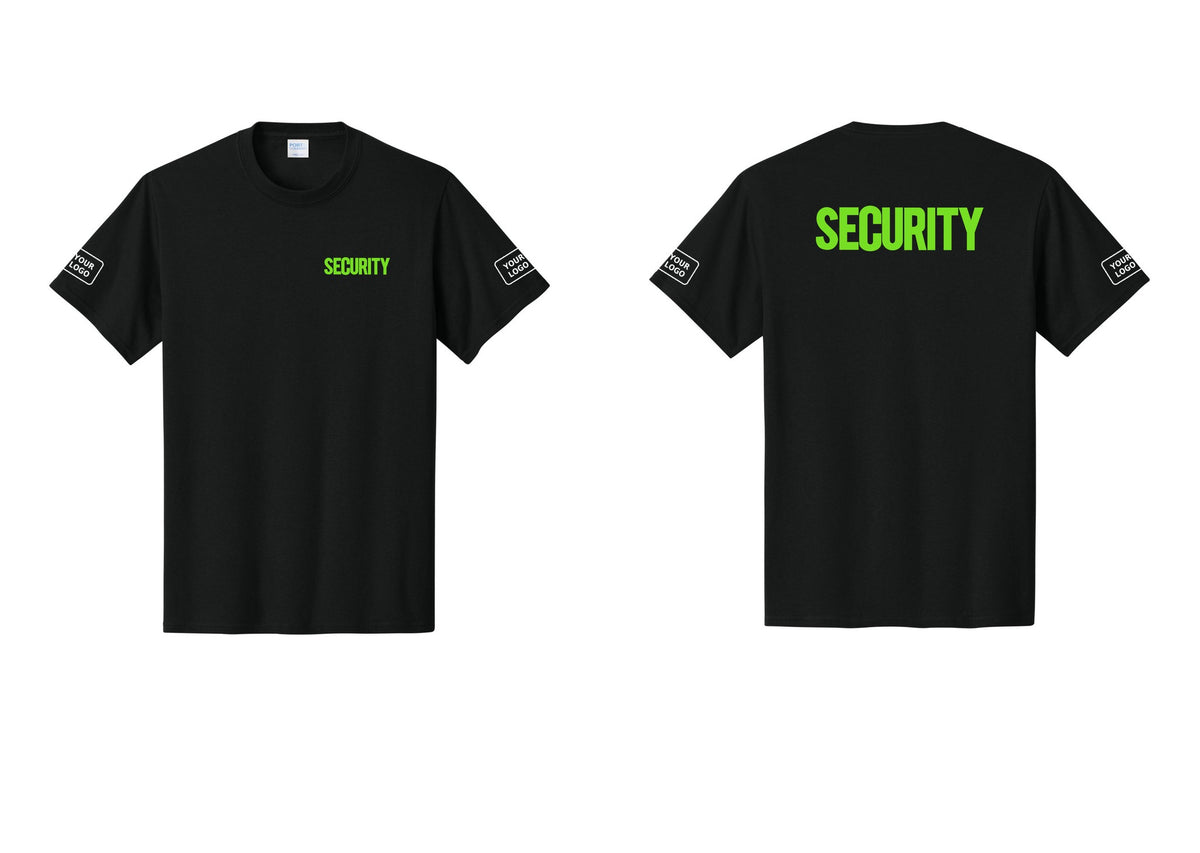 NYC Factory Custom Logo Men's Security Cotton T-Shirt - Chest + Back + Your Logo Sleeves - Black / Neon