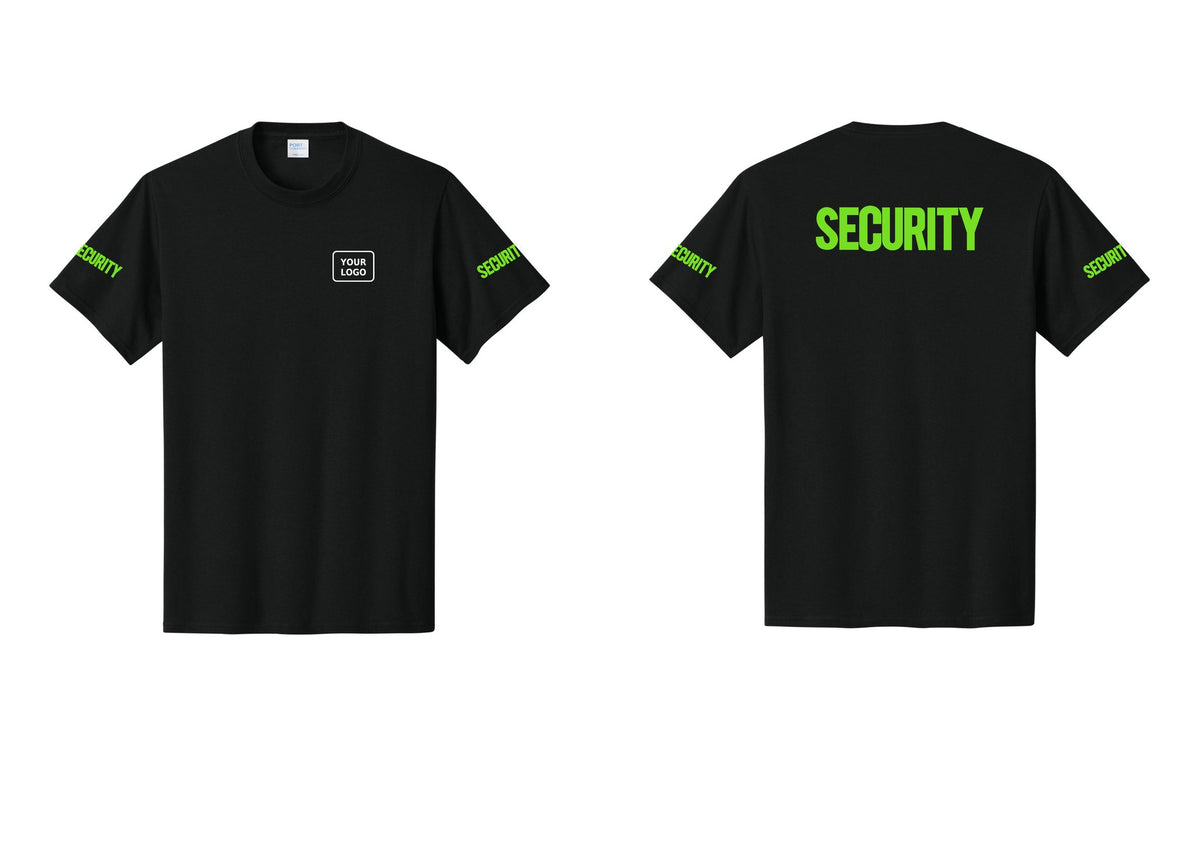 NYC Factory Custom Logo Men's Security Cotton T-Shirt - Your Logo + Back + Security Sleeves - Black / Neon