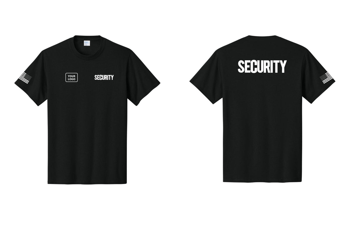 NYC Factory Custom Logo Men's Security Cotton T-Shirt - SECURITY + Your Logo + Back + US Flag Sleeve - Black