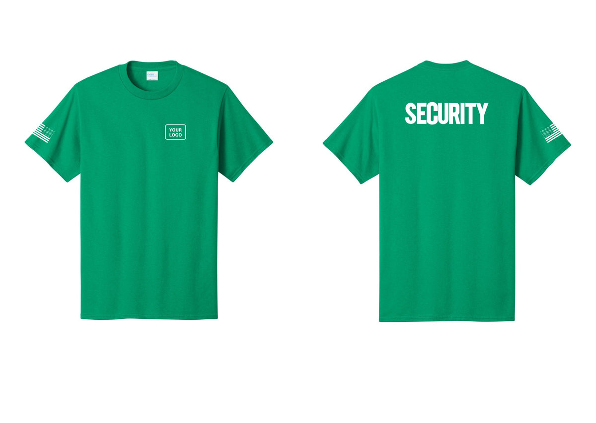 NYC Factory Custom Logo Men's Security Cotton T-Shirt - Your Logo + Back + US Flag Sleeve - Kelly