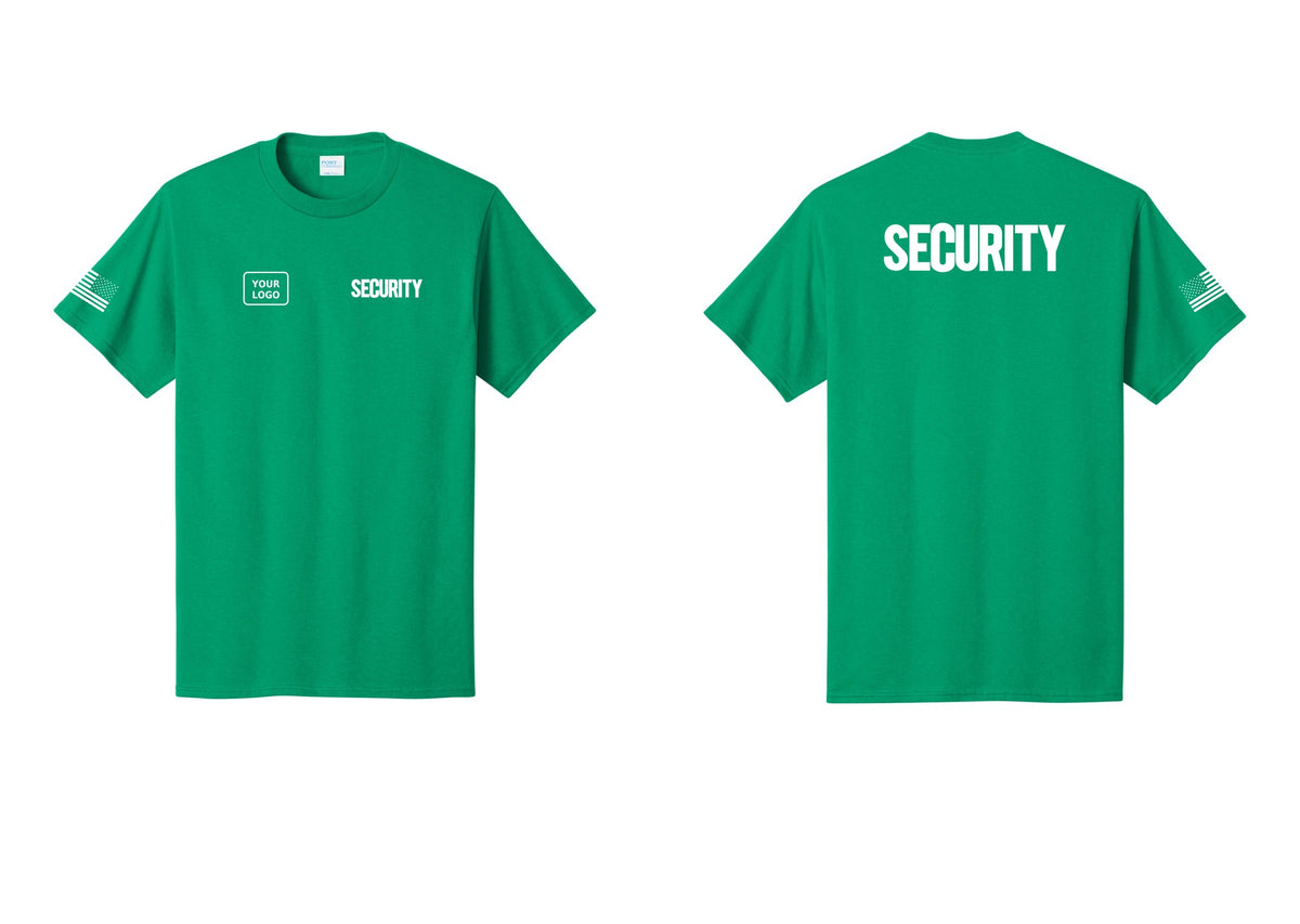 NYC Factory Custom Logo Men's Security Cotton T-Shirt - SECURITY + Your Logo + Back + US Flag Sleeve - Kelly