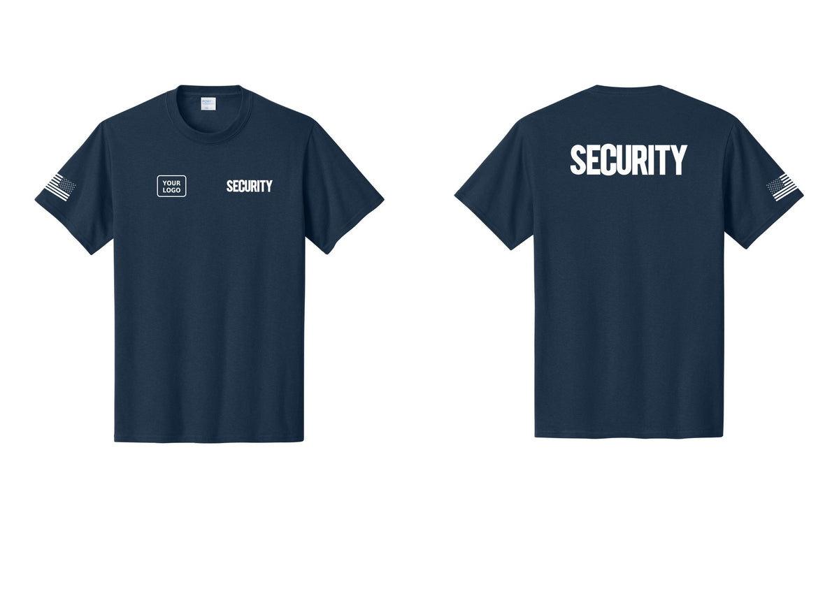 NYC Factory Custom Logo Men's Security Cotton T-Shirt - SECURITY + Your Logo + Back + US Flag Sleeve - Navy