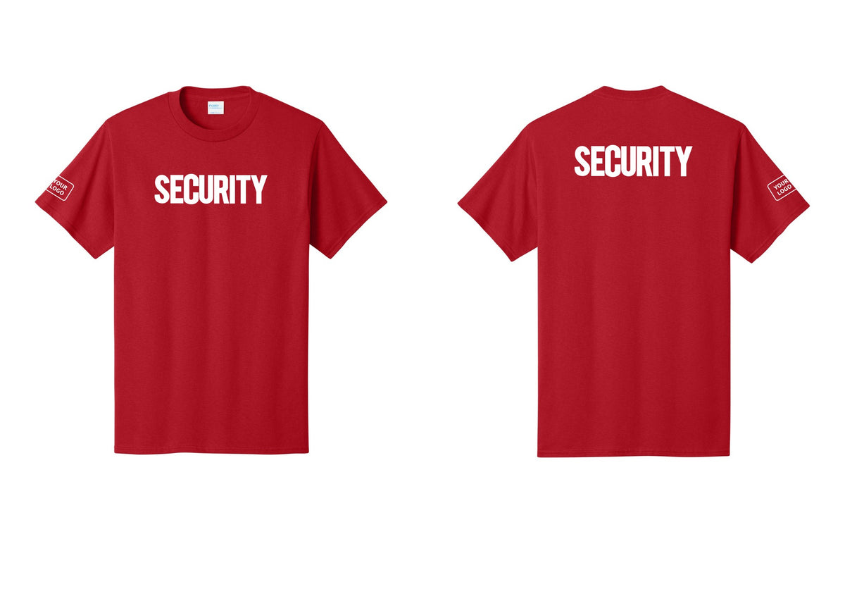 NYC Factory Custom Logo Men's Security Cotton T-Shirt - Front + Back + Your Logo Sleeve - Red