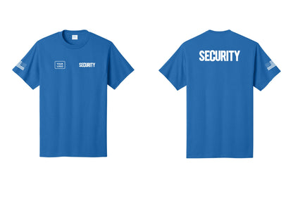 NYC Factory Custom Logo Men's Security Cotton T-Shirt - SECURITY + Your Logo + Back + US Flag Sleeve - Royal