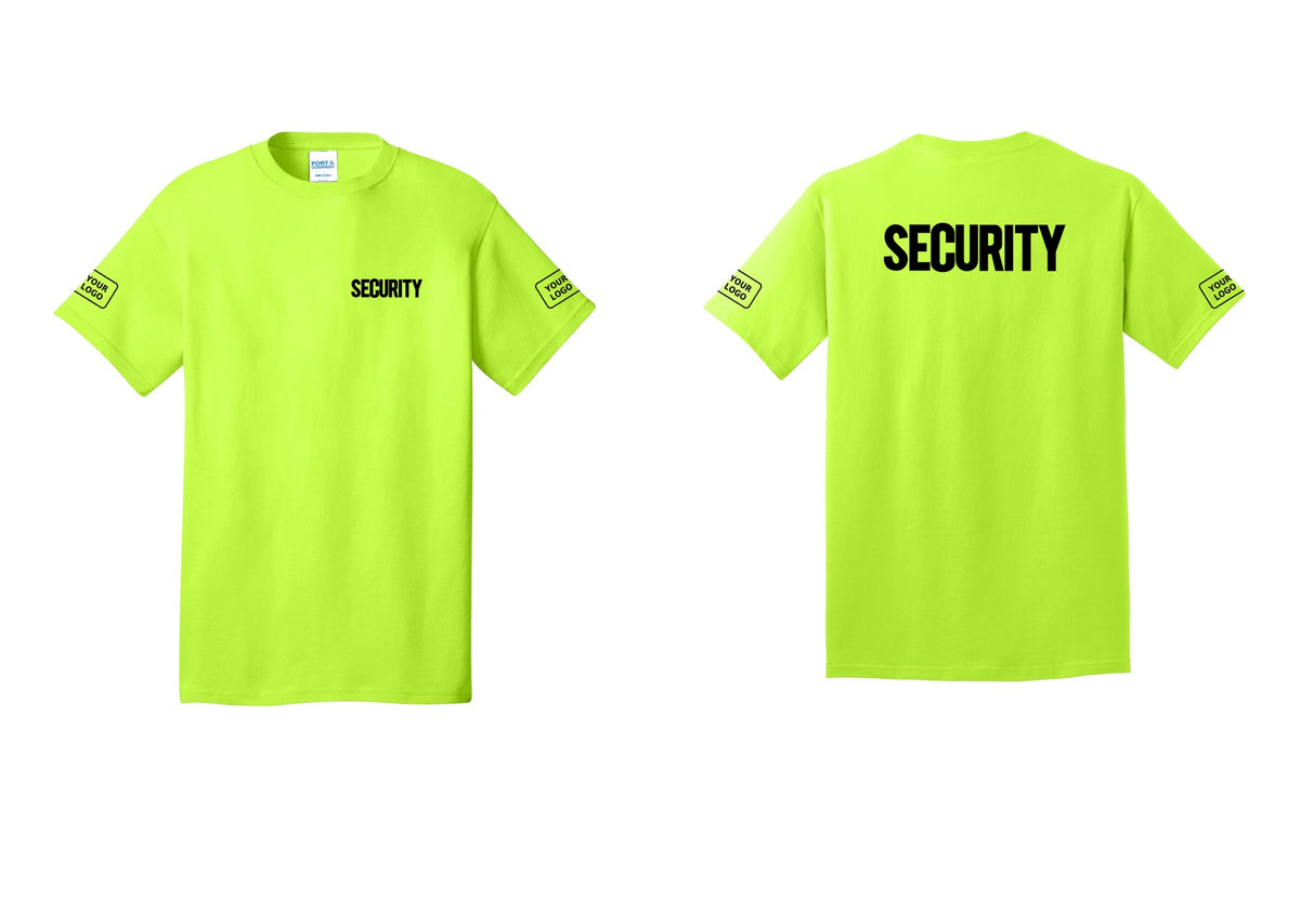 NYC Factory Custom Logo Men's Security Cotton T-Shirt - Chest + Back + Your Logo Sleeves - Safety Green