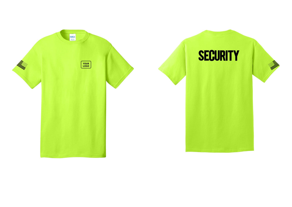 NYC Factory Custom Logo Men's Security Cotton T-Shirt - Your Logo + Back + US Flag Sleeve - Safety Green