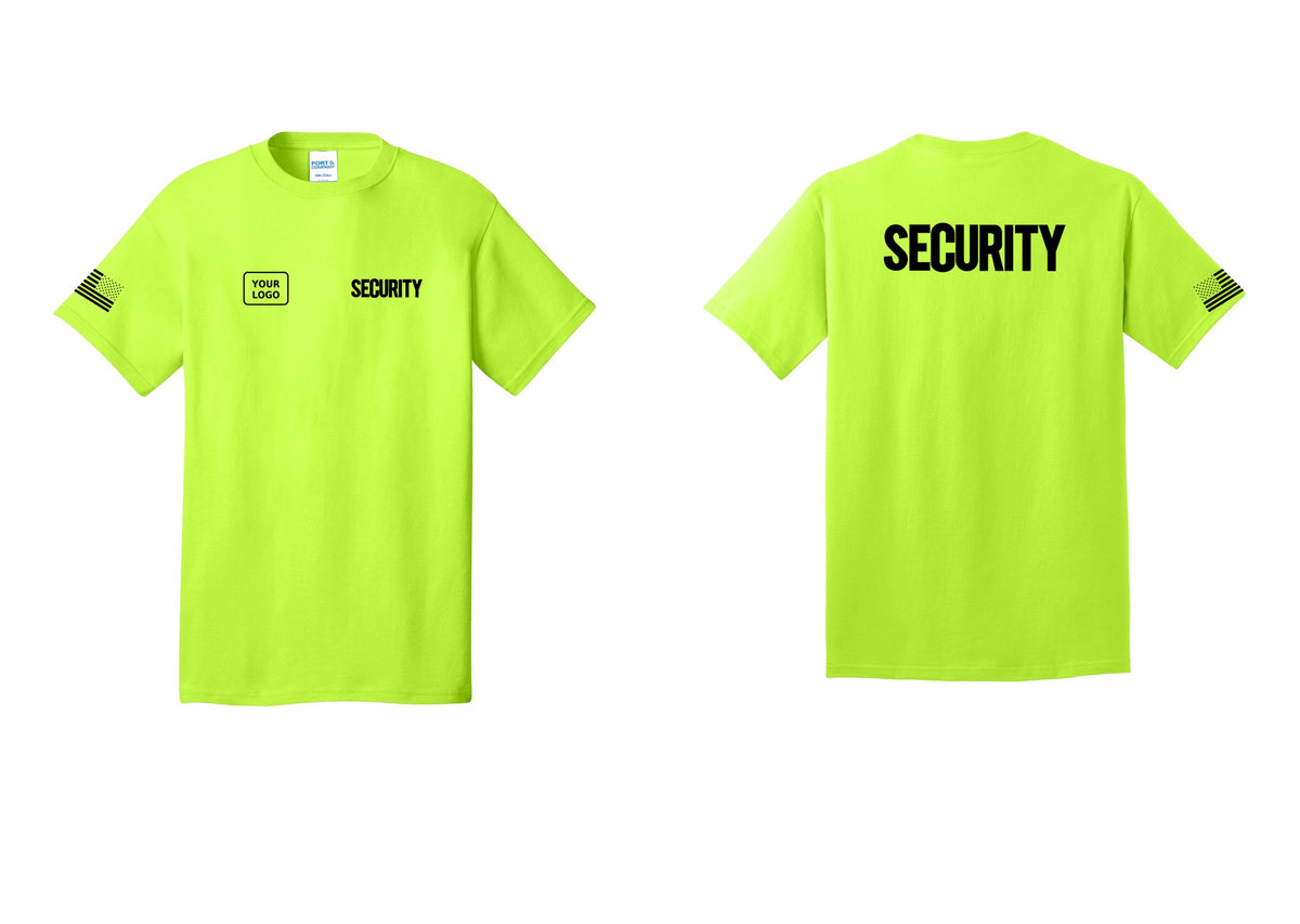 NYC Factory Custom Logo Men's Security Cotton T-Shirt - SECURITY + Your Logo + Back + US Flag Sleeve - Safety Green