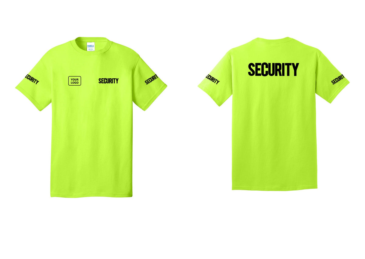 NYC Factory Custom Logo Men's Security Cotton T-Shirt - SECURITY + Your Logo + Back + Security Sleeves - Safety Green