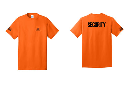 NYC Factory Custom Logo Men's Security Cotton T-Shirt - Your Logo + Back + US Flag Sleeve - Safety Orange