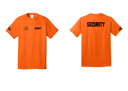 NYC Factory Custom Logo Men's Security Cotton T-Shirt - SECURITY + Your Logo + Back + US Flag Sleeve - Safety Orange