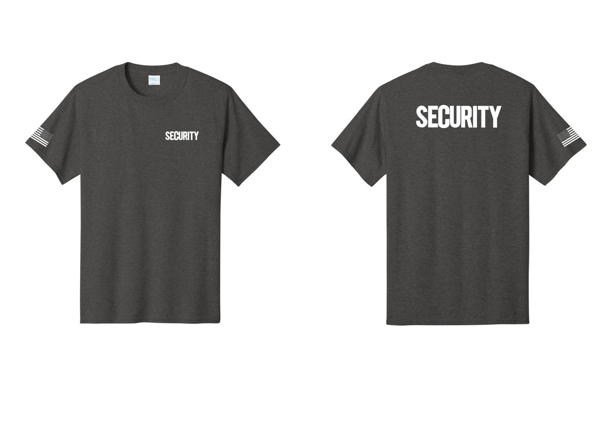 NYC Factory Men's Security Cotton T-Shirt - Chest + Back + US Flag Sleeve - Dark Heather Grey
