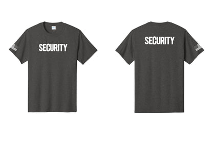 NYC Factory Men's Security Cotton T-Shirt - Front + Back + US Flag Sleeve - Dark Heather Grey