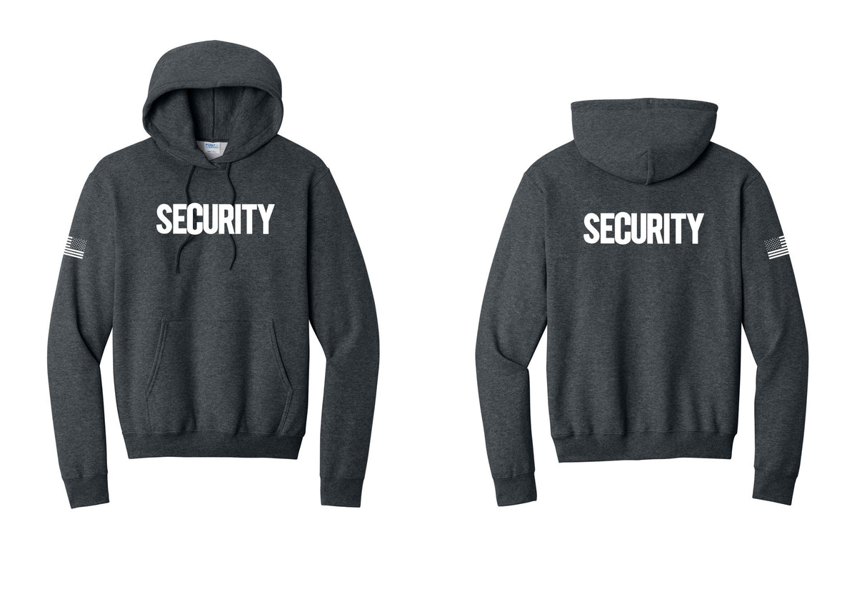 NYC Factory Security Cotton Fleece Pullover Hoodie (Bold) - Front + Back + US Flag Sleeve - Dark Heather Grey