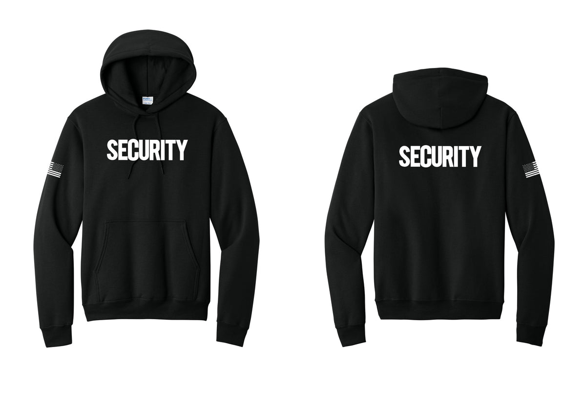 NYC Factory Security Cotton Fleece Pullover Hoodie (Bold) - Front + Back + US Flag Sleeve - Black