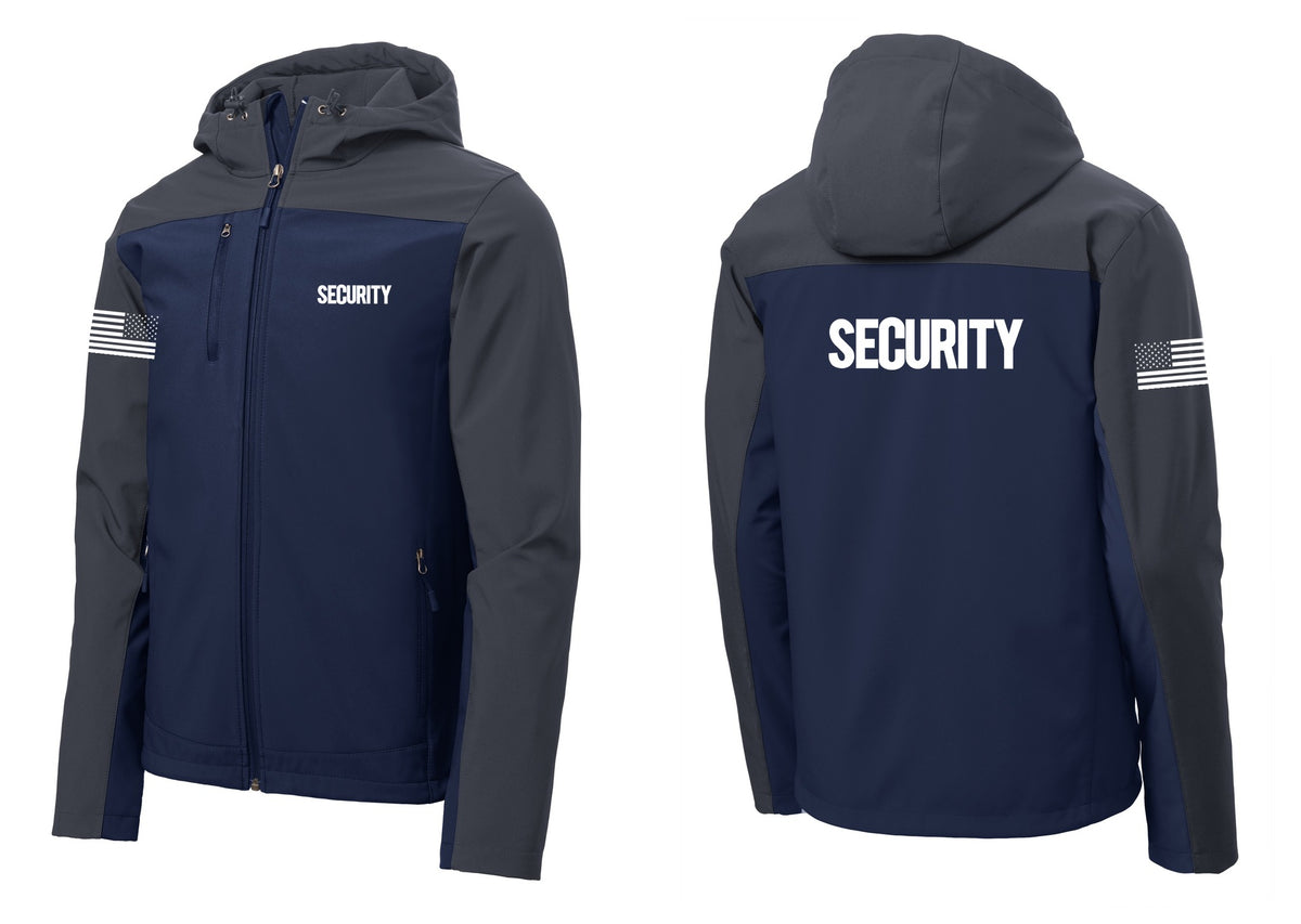 NYC Factory Security Hooded Soft Shell Jacket (Bold) - Chest + Back + US Flag Sleeve - Dress Blue Navy / Battleship Grey