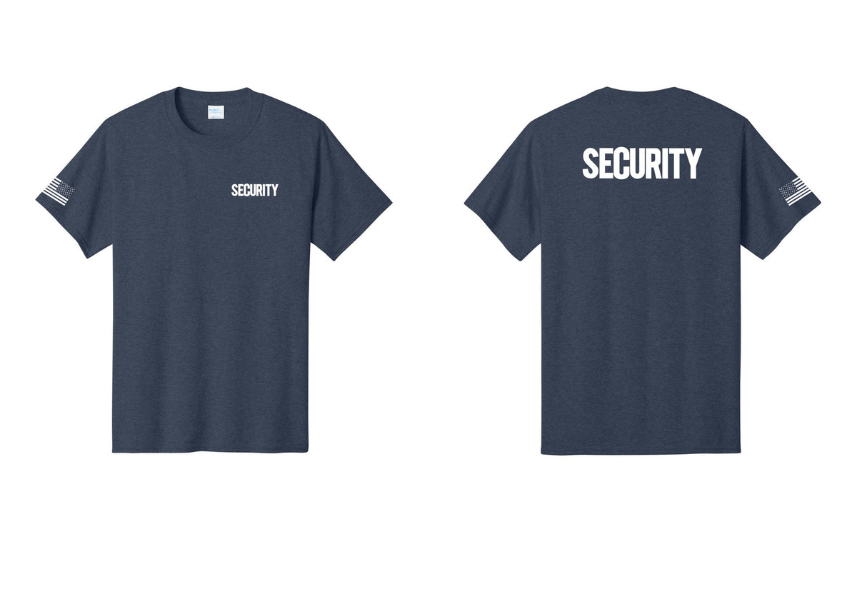 NYC Factory Men's Security Cotton T-Shirt - Chest + Back + US Flag Sleeve - Heather Navy