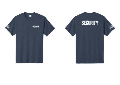 NYC Factory Men's Security Cotton T-Shirt - Chest + Back + US Flag Sleeve - Heather Navy