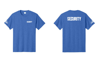 NYC Factory Men's Security Cotton T-Shirt - Chest + Back + US Flag Sleeve - Heather Royal