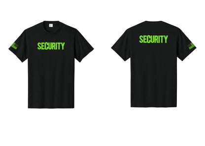 NYC Factory Men's Security Cotton T-Shirt - Front + Back + US Flag Sleeve - Black / Neon