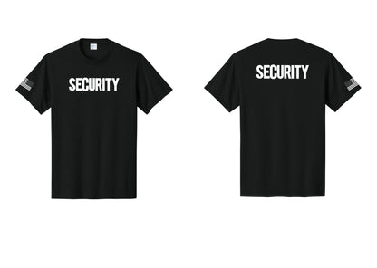NYC Factory Men's Security Cotton T-Shirt - Front + Back + US Flag Sleeve - Black