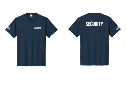 NYC Factory Men's Security Cotton T-Shirt - Chest + Back + US Flag Sleeve - Navy