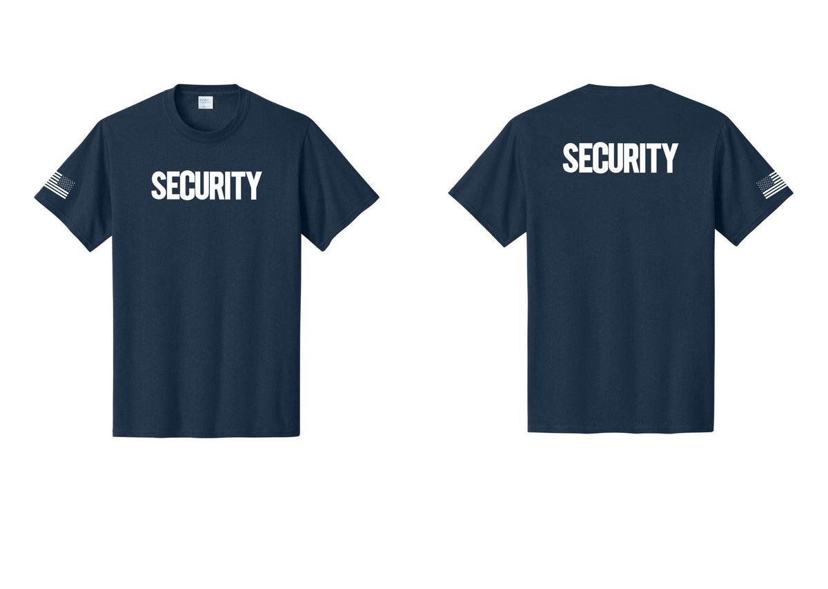 NYC Factory Men's Security Cotton T-Shirt - Front + Back + US Flag Sleeve - Navy