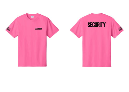 NYC Factory Men's Security Cotton T-Shirt - Chest + Back + US Flag Sleeve - Neon Pink