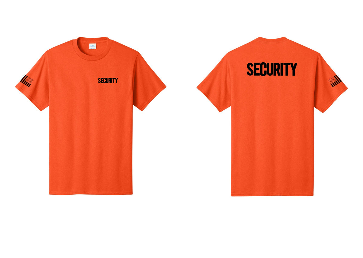 NYC Factory Men's Security Cotton T-Shirt - Chest + Back + US Flag Sleeve - Orange