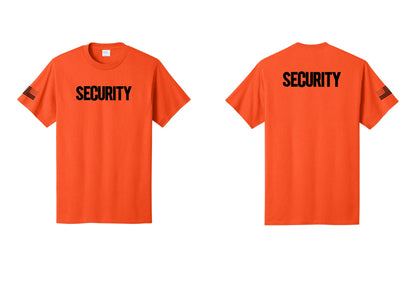 NYC Factory Men's Security Cotton T-Shirt - Front + Back + US Flag Sleeve - Orange