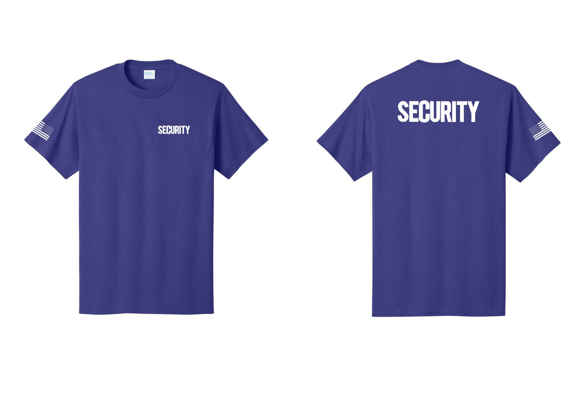 NYC Factory Men's Security Cotton T-Shirt - Chest + Back + US Flag Sleeve - Purple