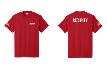 NYC Factory Men's Security Cotton T-Shirt - Chest + Back + US Flag Sleeve - Red