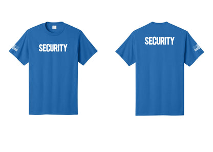 NYC Factory Men's Security Cotton T-Shirt - Front + Back + US Flag Sleeve - Royal