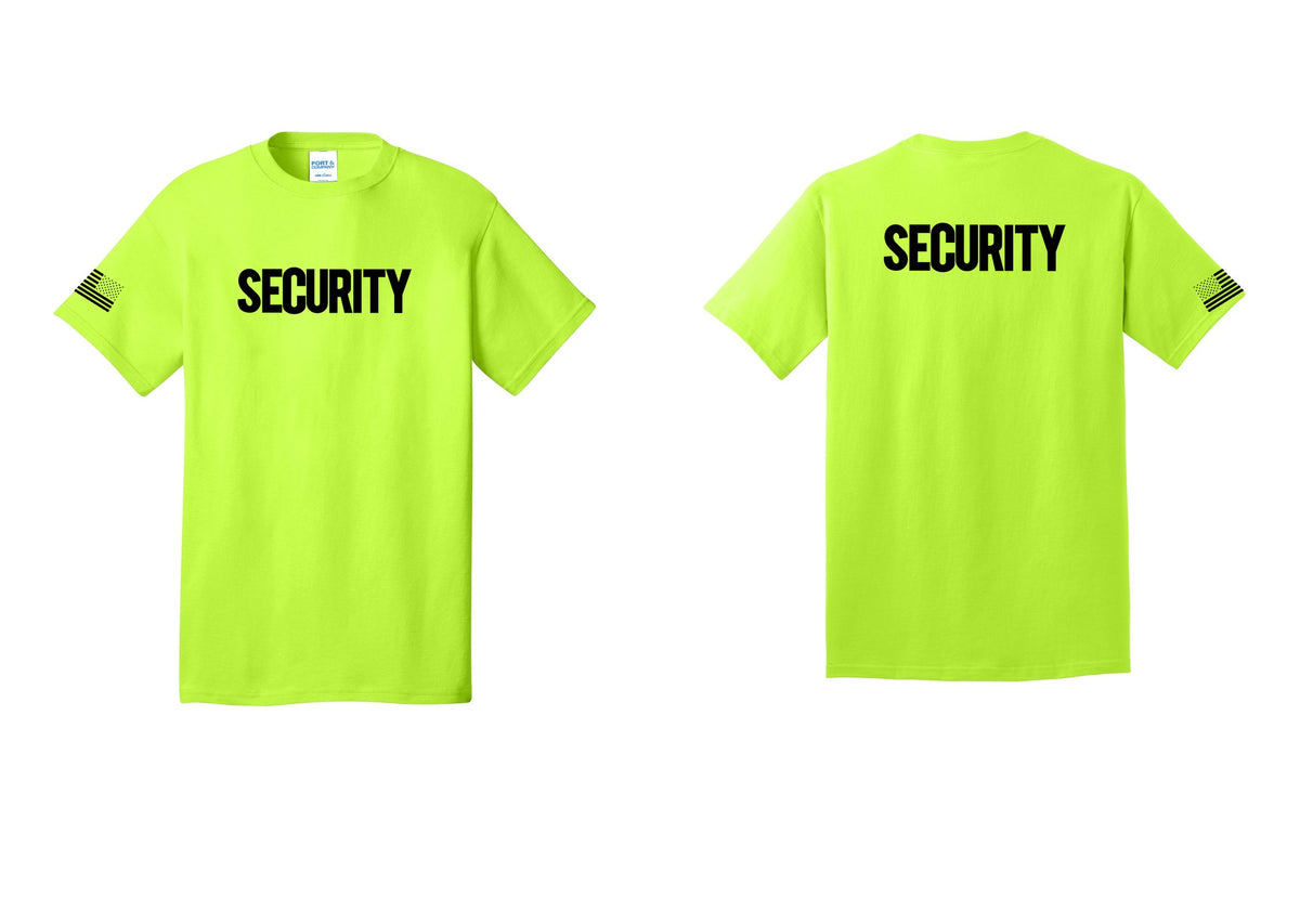 NYC Factory Men's Security Cotton T-Shirt - Front + Back + US Flag Sleeve - Safety Green
