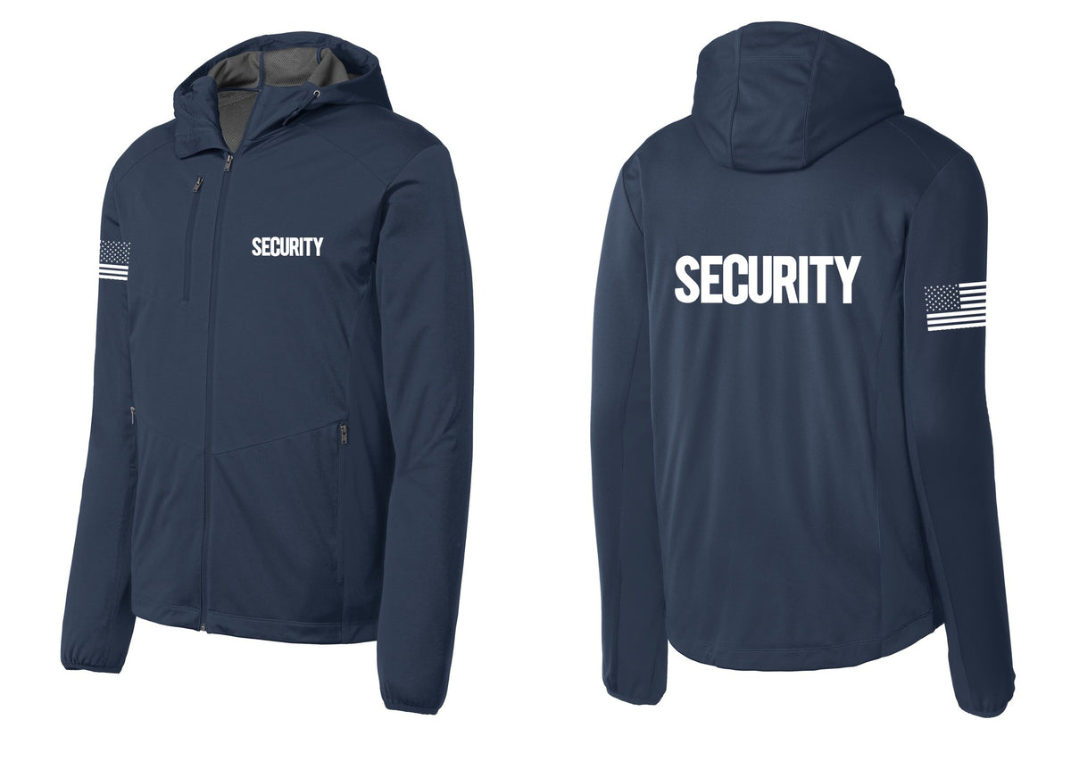 NYC Factory Security Soft Shell Hooded Jacket (Bold) - Chest + Back + US Flag Sleeve - Dress Blue Navy