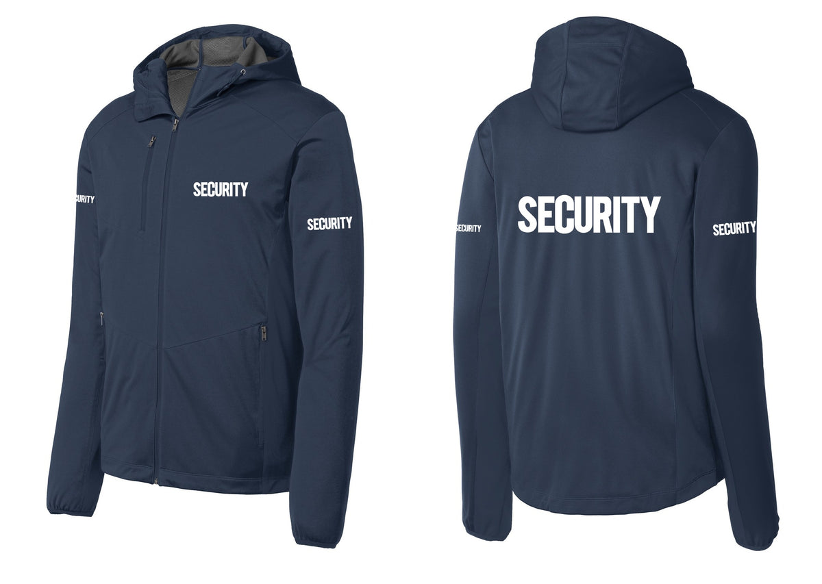 NYC Factory Security Soft Shell Hooded Jacket (Bold) - Chest + Back + Security Sleeves - Dress Blue Navy