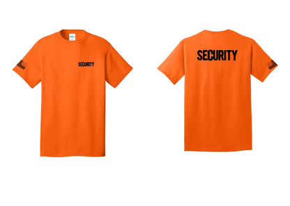 NYC Factory Men's Security Cotton T-Shirt - Chest + Back + US Flag Sleeve - Safety Orange