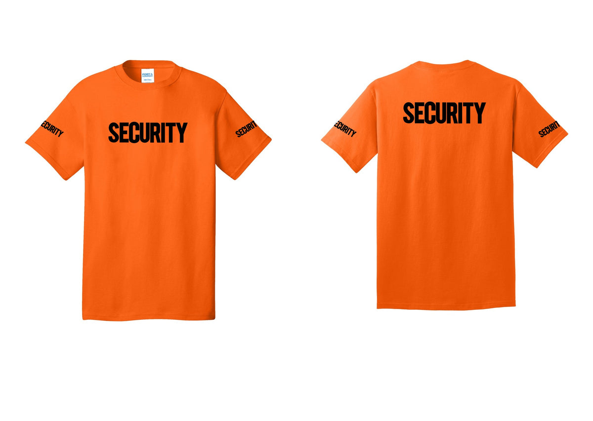 NYC Factory Men's Security Cotton T-Shirt - Front + Back + Security Sleeves - Safety Orange