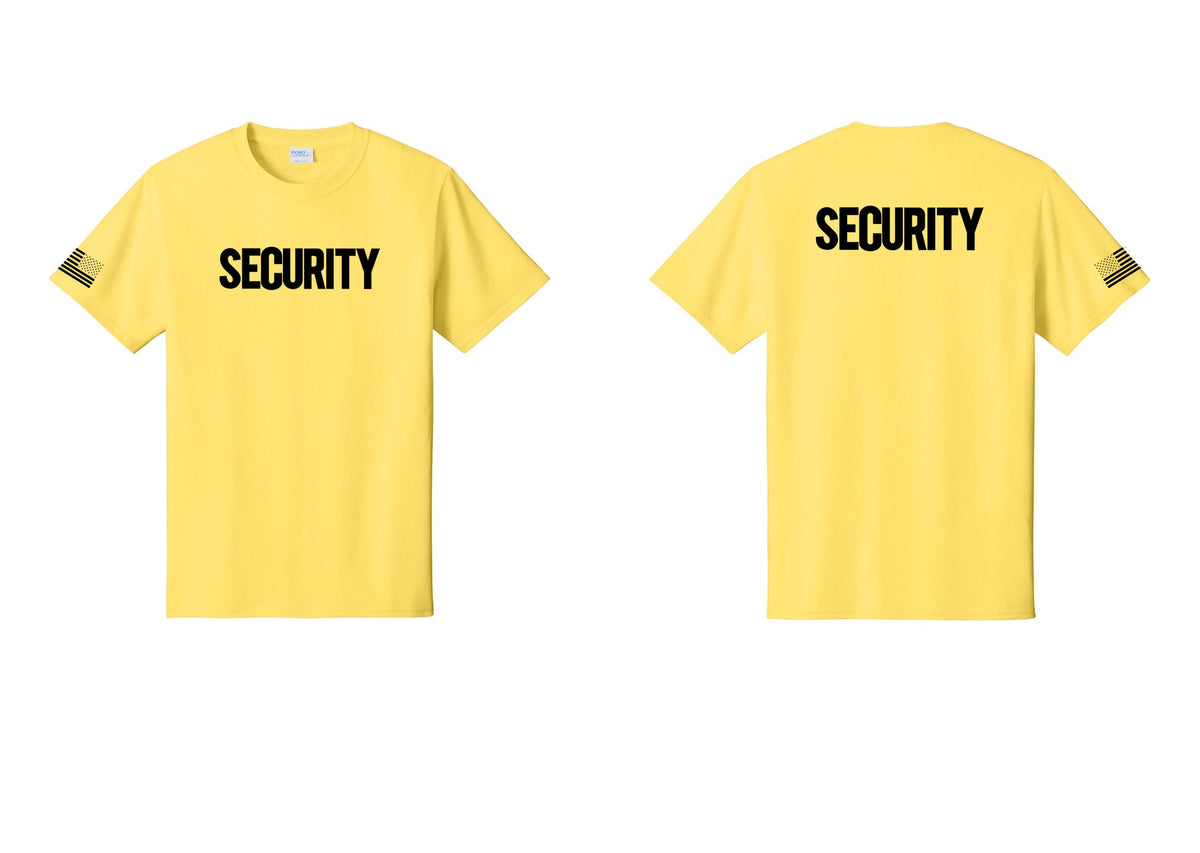NYC Factory Men's Security Cotton T-Shirt - Front + Back + US Flag Sleeve - Yellow