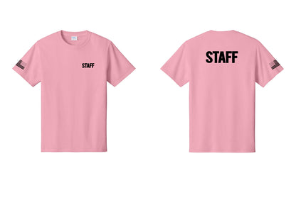 NYC Factory Staff T-Shirt, Bold Lettering - Chest + Back + US Flag Sleeve - Candy Pink