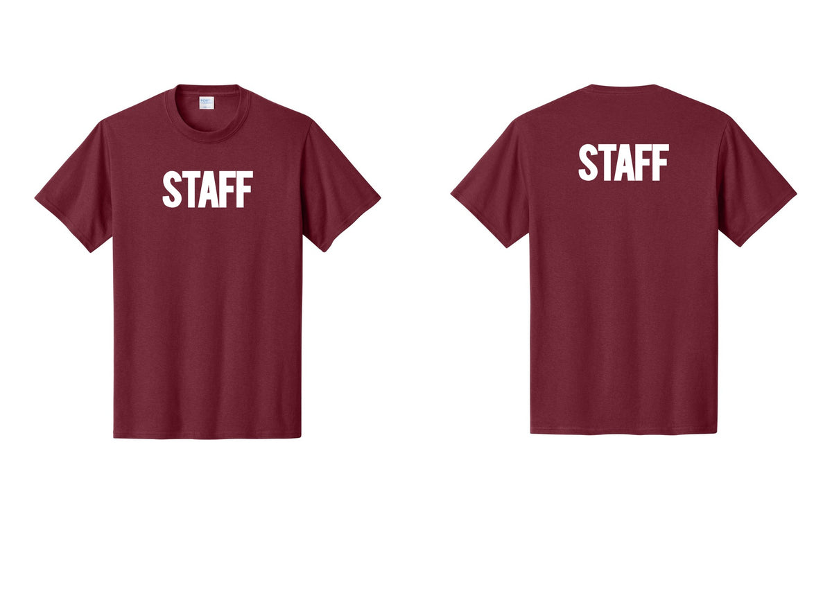 NYC Factory Staff T-Shirt, Bold Lettering - Front + Back - Cardinal