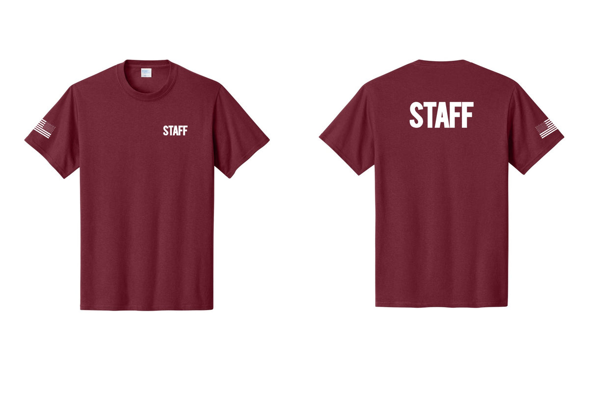 NYC Factory Staff T-Shirt, Bold Lettering - Chest + Back + US Flag Sleeve - Cardinal