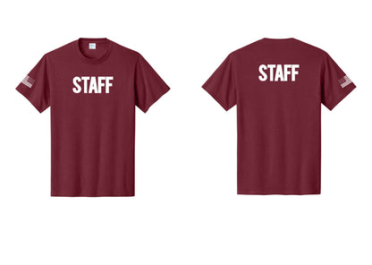 NYC Factory Staff T-Shirt, Bold Lettering - Front + Back + US Flag Sleeve - Cardinal