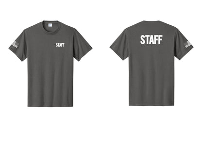 NYC Factory Staff T-Shirt, Bold Lettering - Chest + Back + US Flag Sleeve - Charcoal