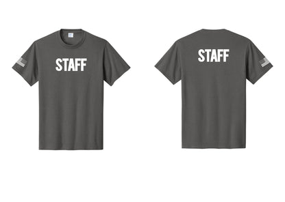 NYC Factory Staff T-Shirt, Bold Lettering - Front + Back + US Flag Sleeve - Charcoal